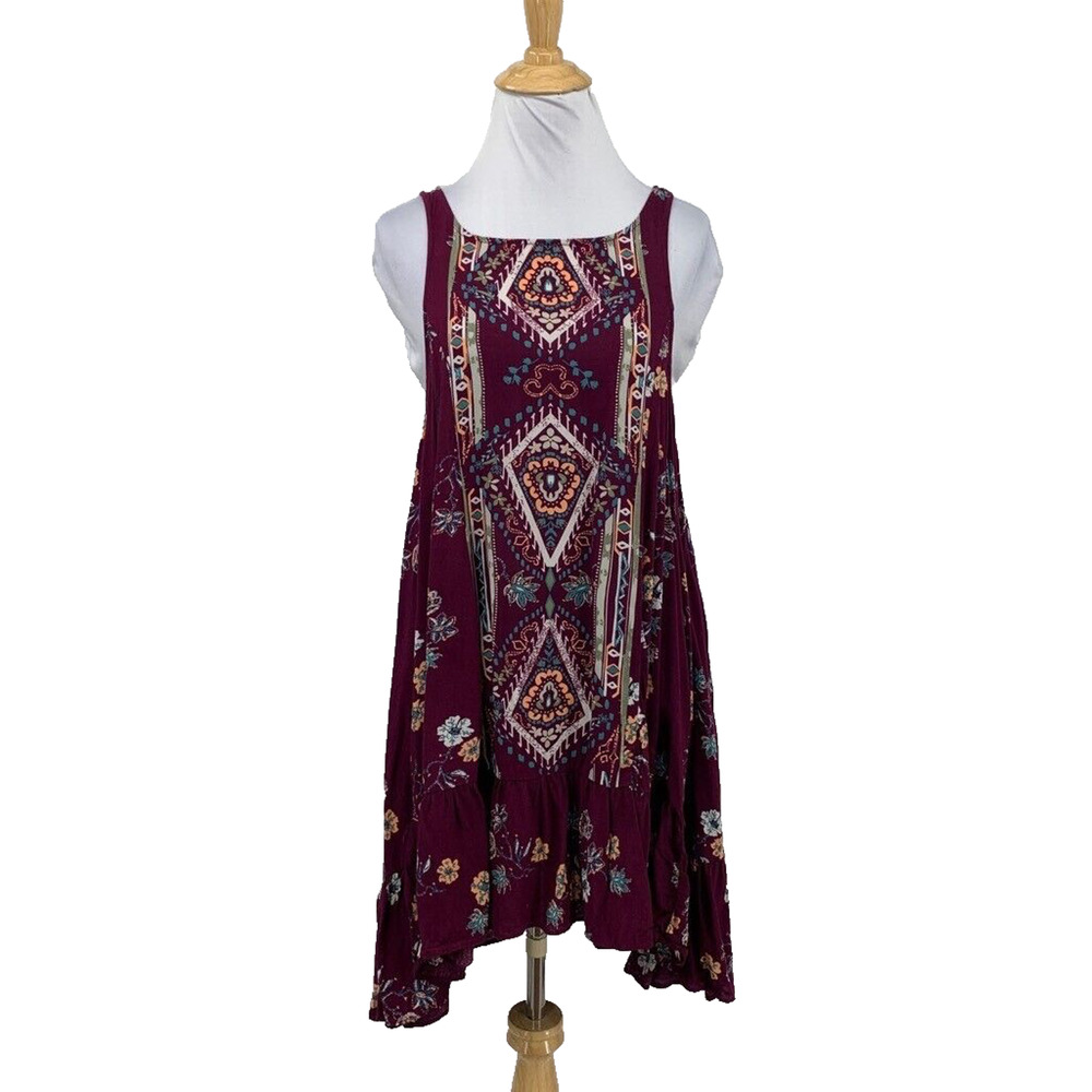 Free People Dress Womens XS Plum Floral Annka Border Slip Keyhole Back Swing